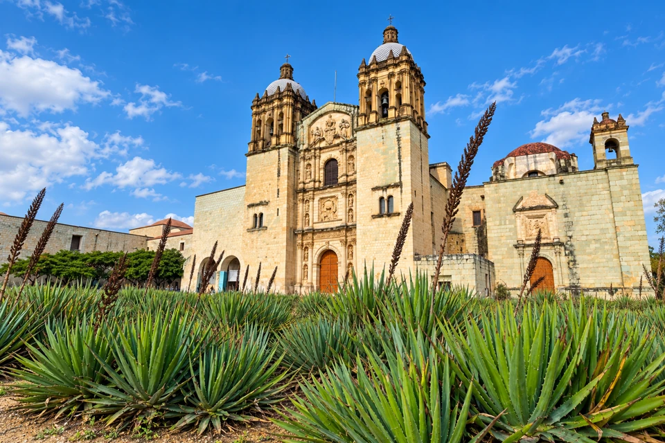 Twin stone bell towers of Santo Domingo de Guzman in Oaxaca above a foreground of agave plants.