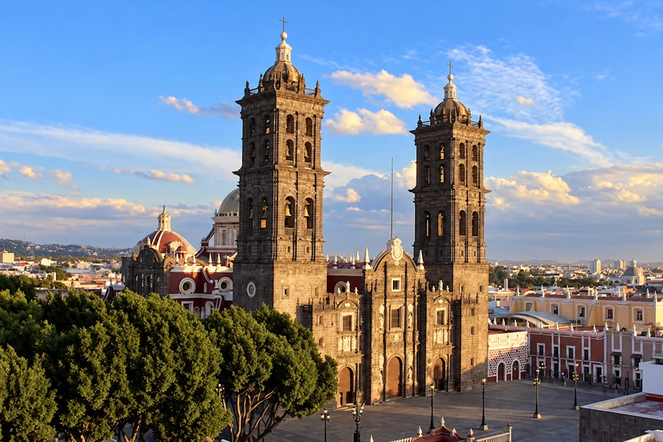 Puebla Cathedral's two tall dark stone bell towers, central carved entrance facade and domes above a quiet forecourt beside green trees.