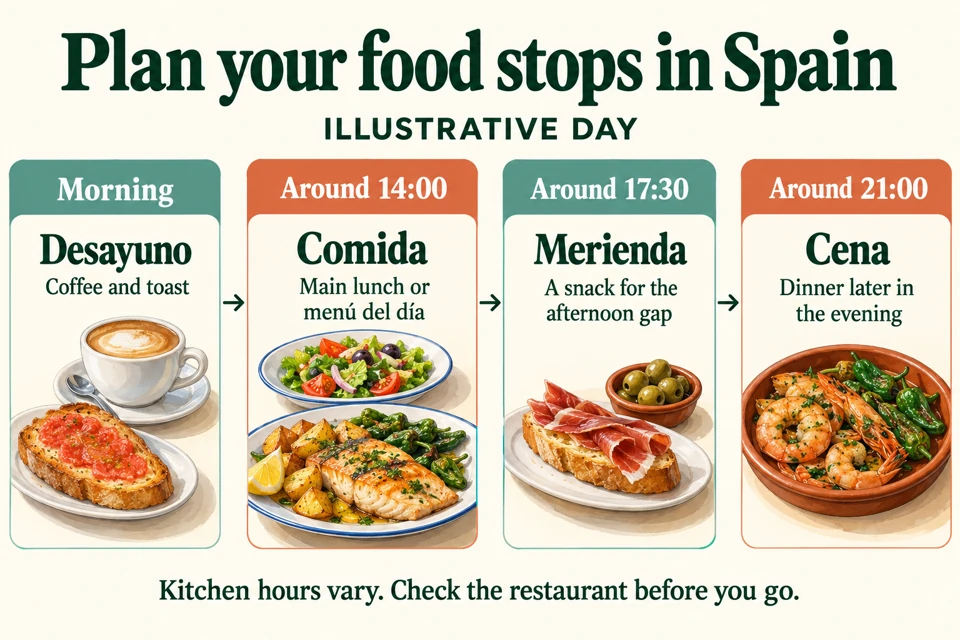 Spanish meal-planning timeline: breakfast in the morning, lunch around 14:00, merienda around 17:30, dinner around 21:00; restaurant hours vary.