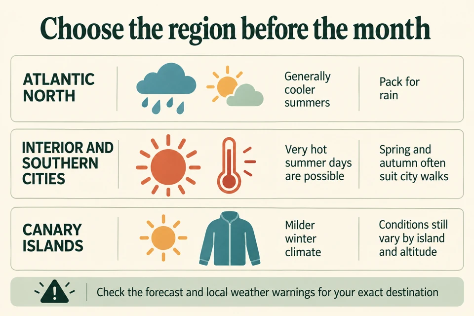 Spain regional season comparison: Atlantic north cooler with rain, inland and southern cities summer heat and moderate shoulder seasons, Canary Islands milder winters.