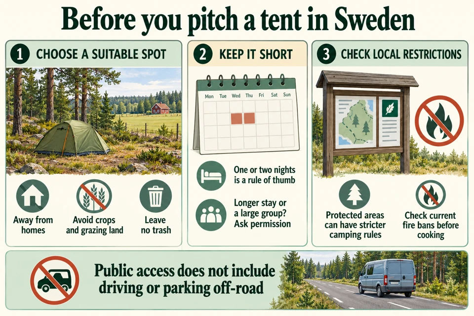 Swedish camping checklist showing a short stay on durable ground away from homes and crops, plus separate checks for protected areas and fire bans.