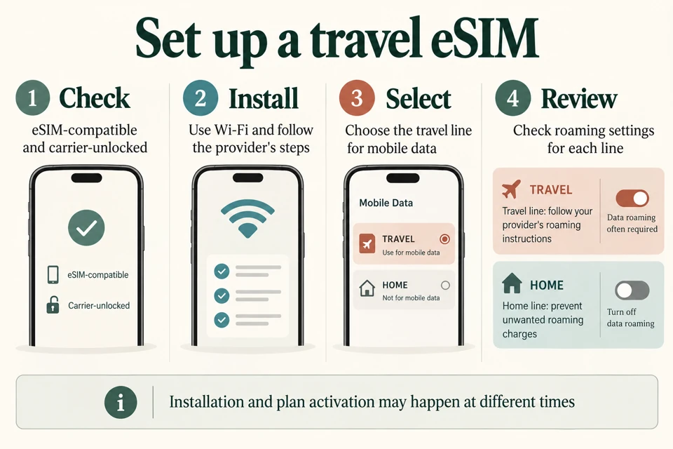 Four-step eSIM setup checklist: check compatibility and unlocking, install on Wi-Fi, select the travel line for data, review roaming for each line.