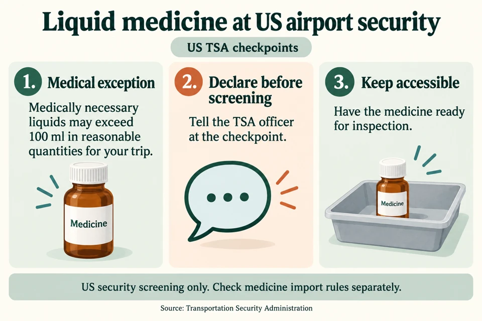 US TSA medicine screening checklist: medically necessary liquids may exceed100ml in reasonable quantities, tell the officer before screening, and keep the medicine ready for inspection.