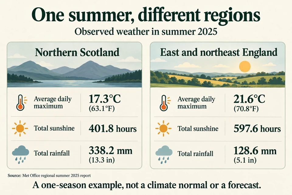 Comparison of northern Scotland and east and northeast England in summer 2025: average daily maximum temperature, total sunshine and total rainfall.